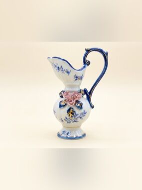Vintage Blue, Pink, and White bud vase - Decorative Ewer with Applied Roses